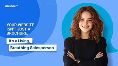 Text bursts across the frame with the transformative statement: 'Your website isn't just a brochure. It's a living, breathing salesperson' in bold, uneven lines that visually echo the message of movement and vitality.